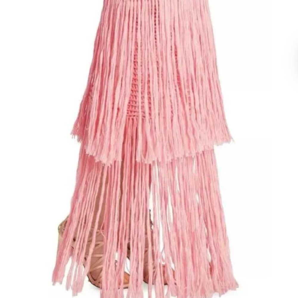 Alejandra Alonso Rojas Draped Bustier Crochet Fringe Maxi Dress Rose NWT - Picture 8 of 9